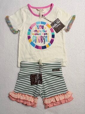 Matilda Jane Cream Tee with Multicolor Graphic & Green Striped Ruffle Shorts